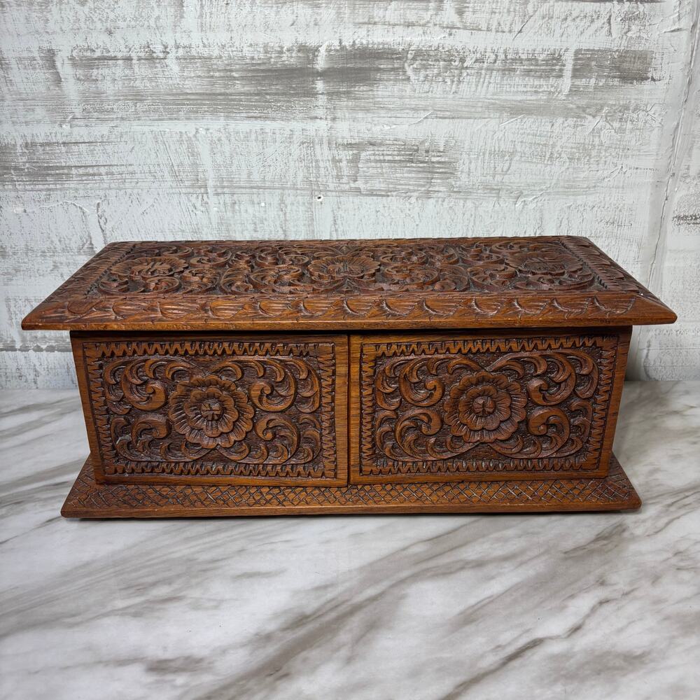 Vintage Hand Carved Wooden Jewelry Chest with Red Velvet Interior